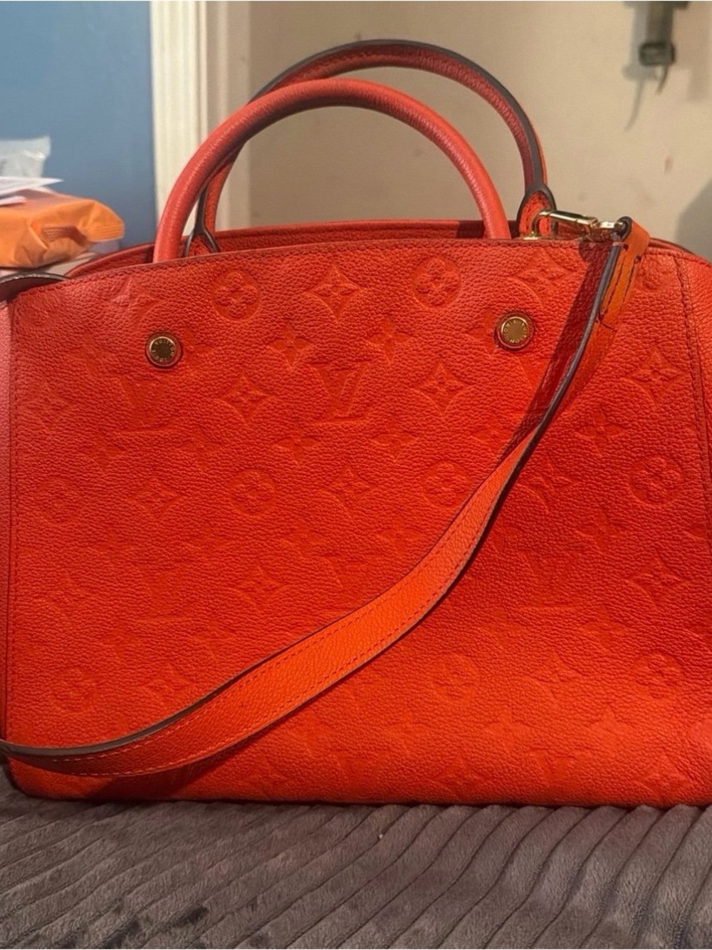 Louis Vuitton Orange Embossed Monogram Satchel with Strap